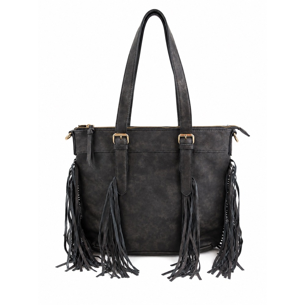 Mix No. 6 Vintage Y2K Black Faux Leather Fringe Distressed Hobo Shoulder Bag